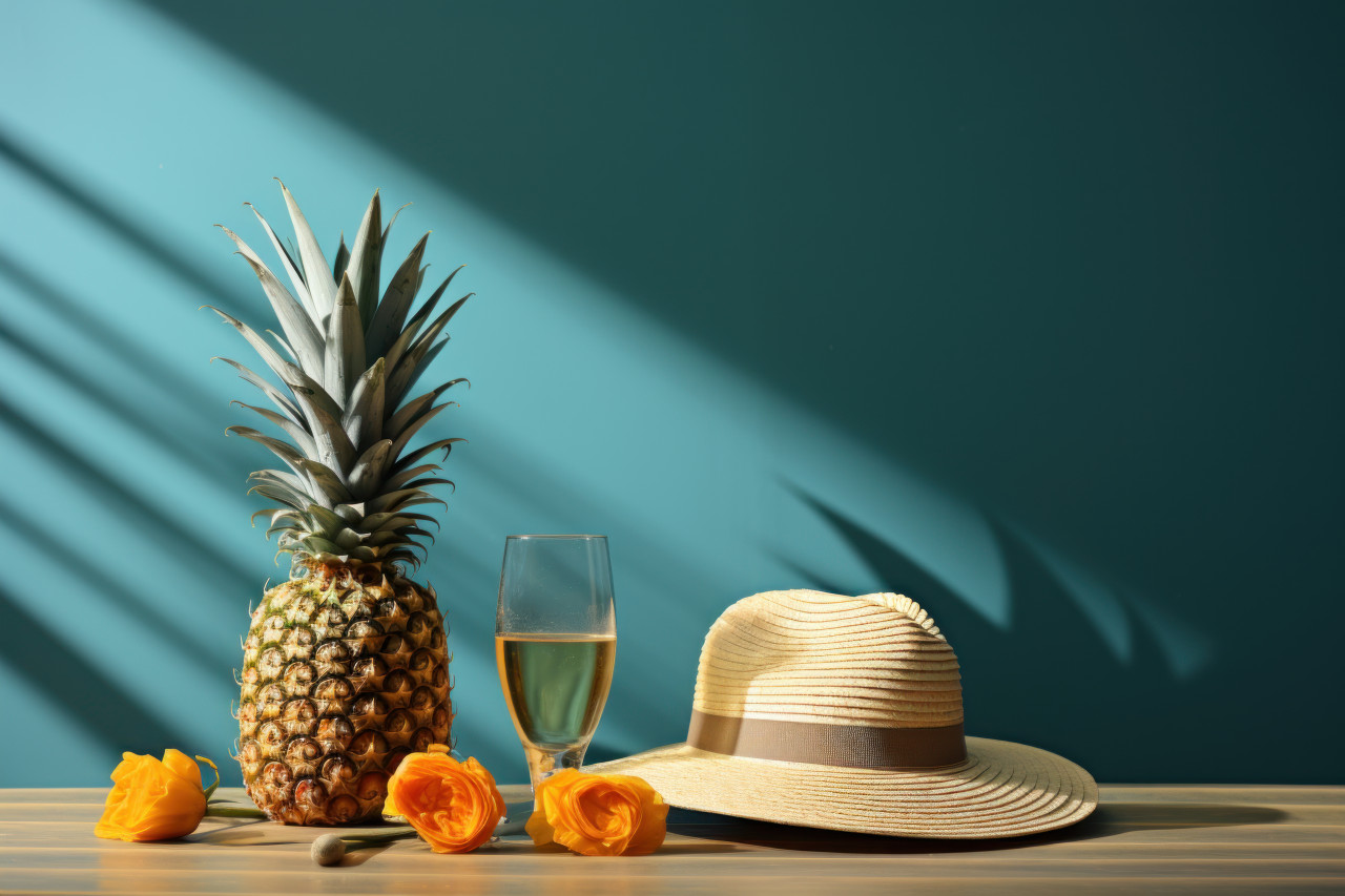 Hat pineapple shells and beer bottle creating a coastal scene, relaxing summer scene