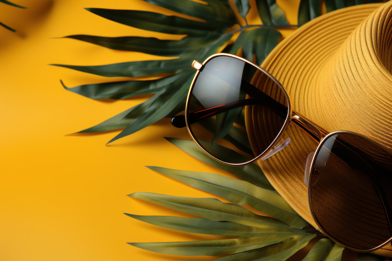Yellow background featuring tropical leaves hats glasses and trendy eyeshadow, summer landscape image