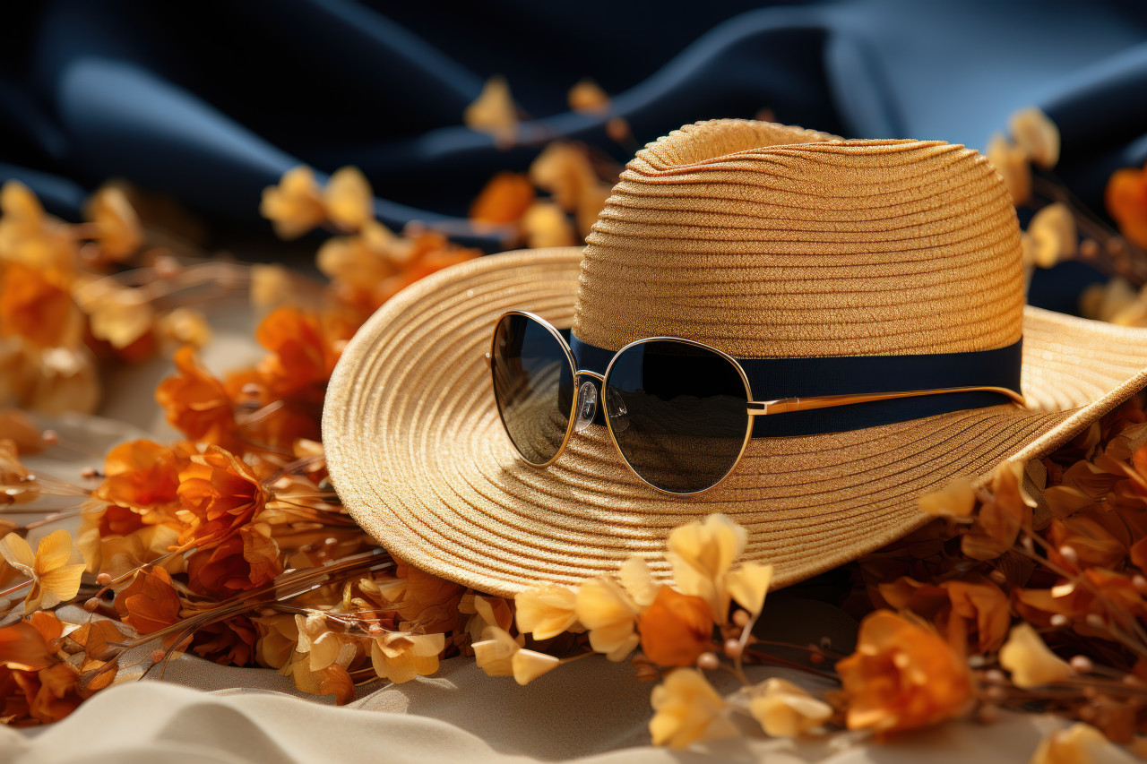 Beach essentials straw hat sunglasses and shades, summer landscape image