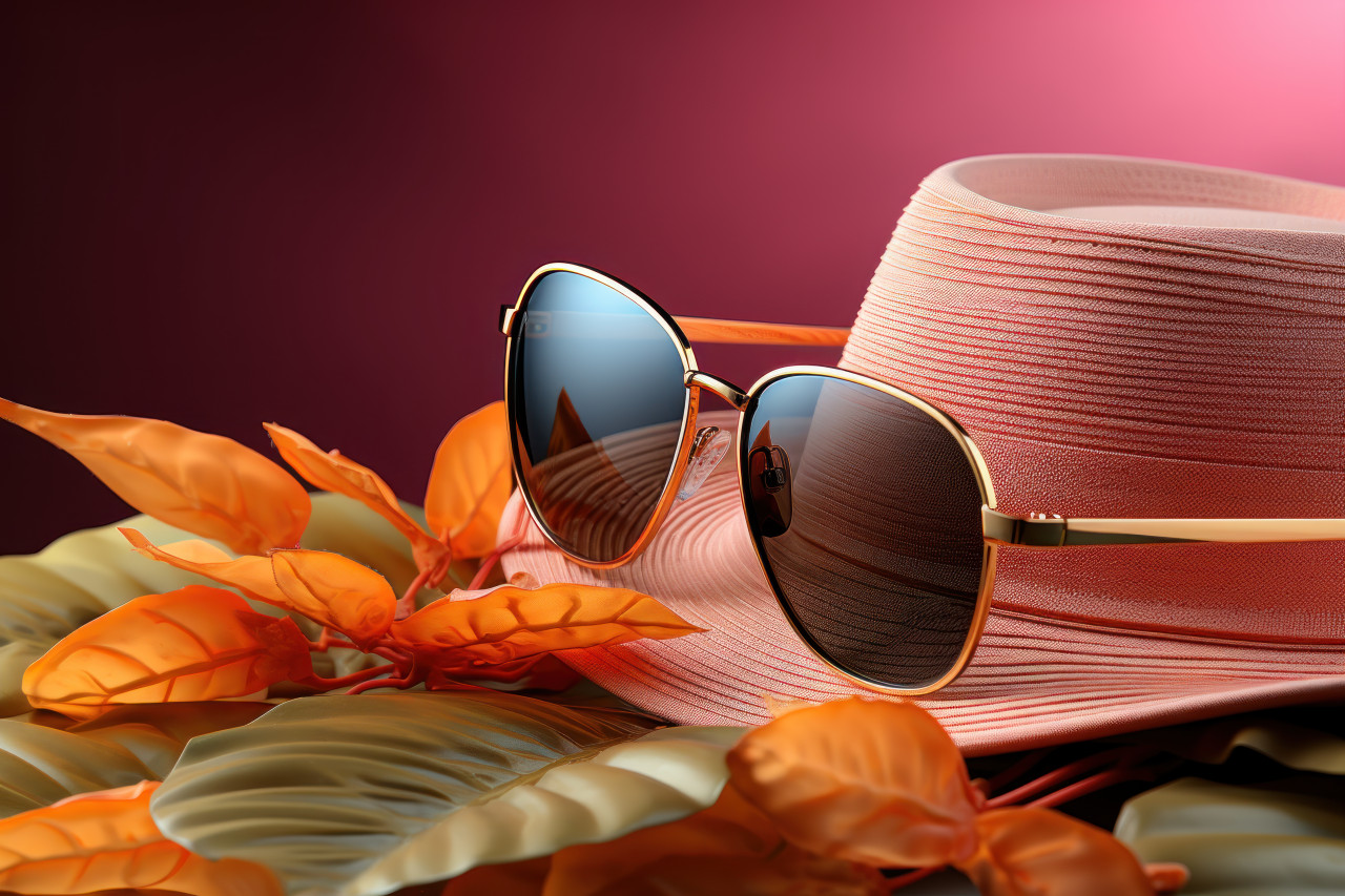 Hat sunglasses and leaf composition on a yellow backdrop, summer season nature image