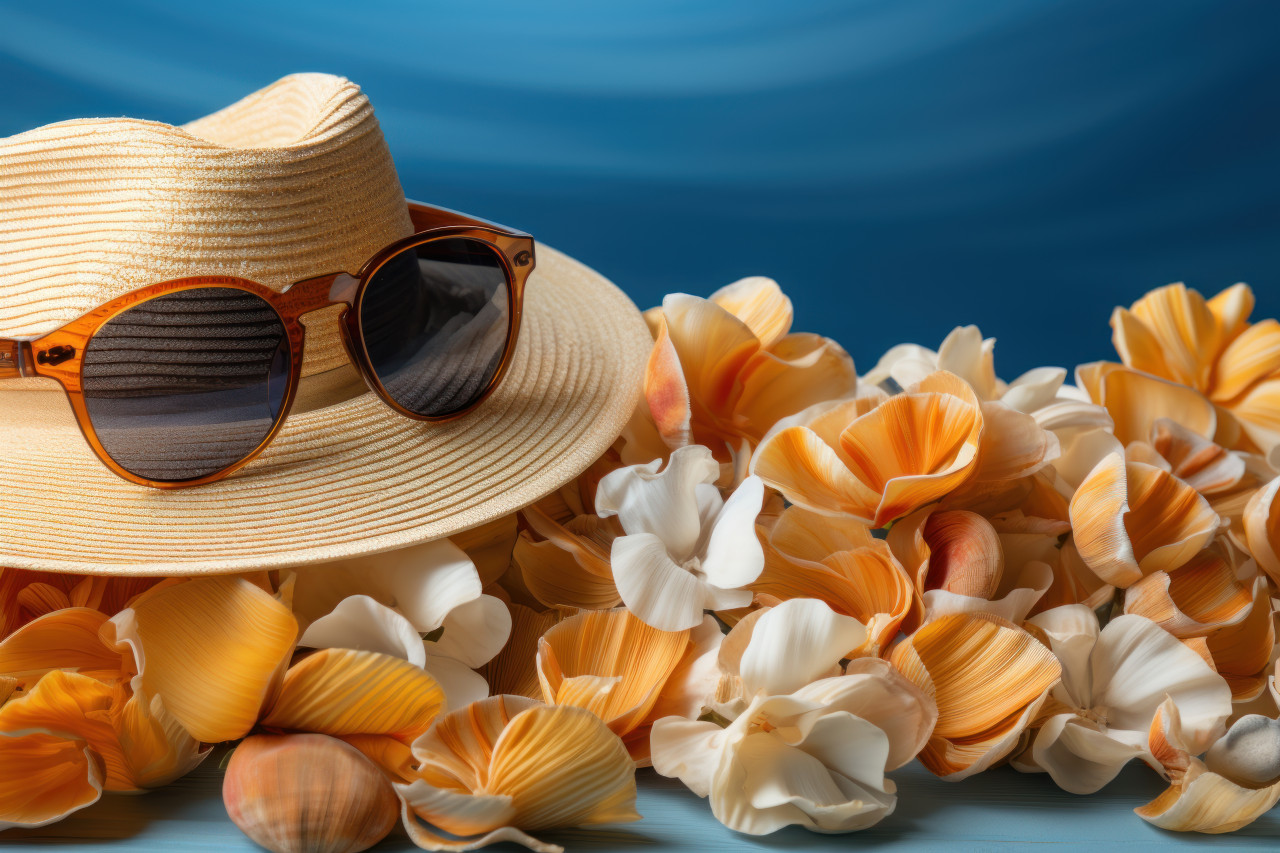 Sun hat and sunglasses paired with shells on a blue canvas, best summer image
