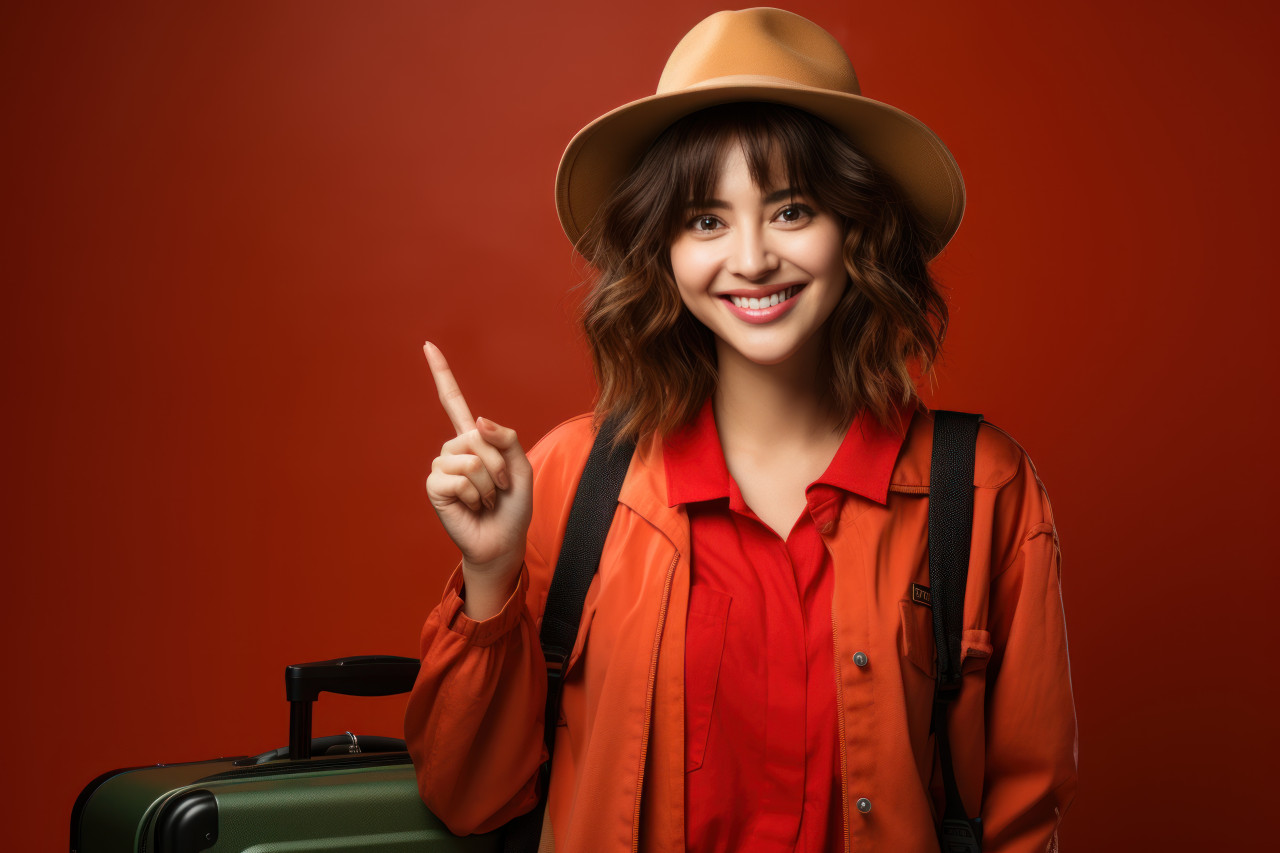 Taiwanese traveler points smartphone on vibrant red surface, beautiful summer photo