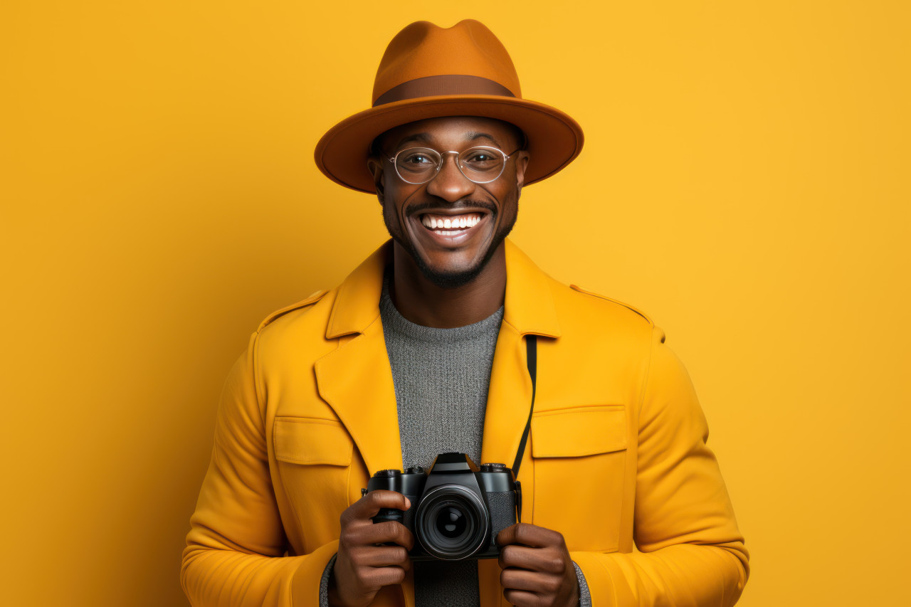 Man strikes a pose with camera and hat in vibrant orange hue, summer landscape image