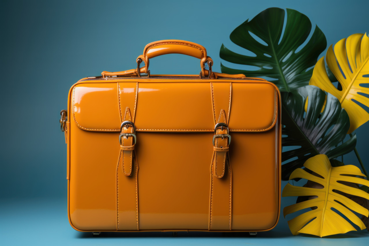 Yellow suitcase packed with tropical vibes on a blue backdrop, summer season nature image