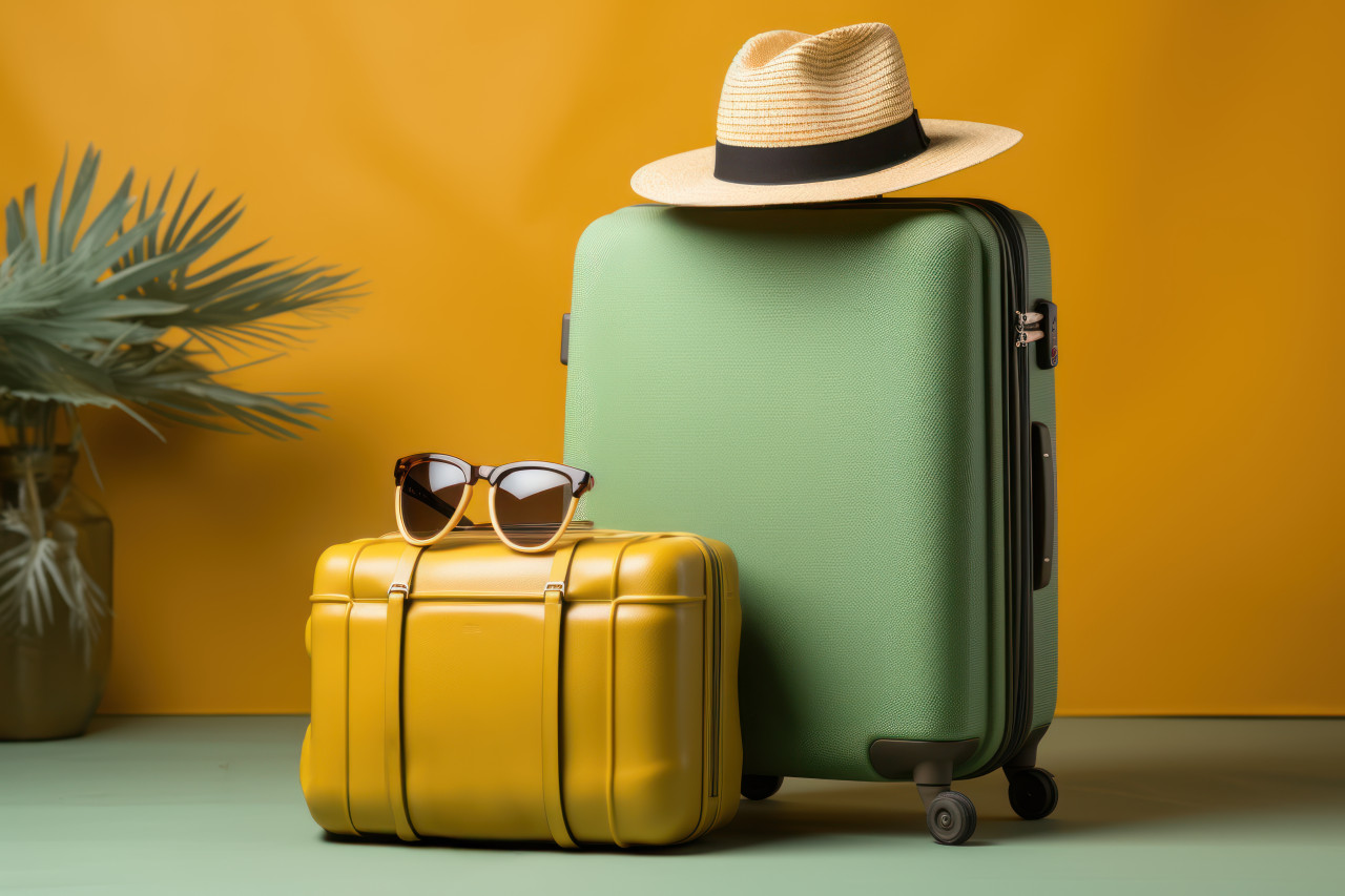 White hat sunglasses and luggage set against a vibrant yellow hue, best summer image