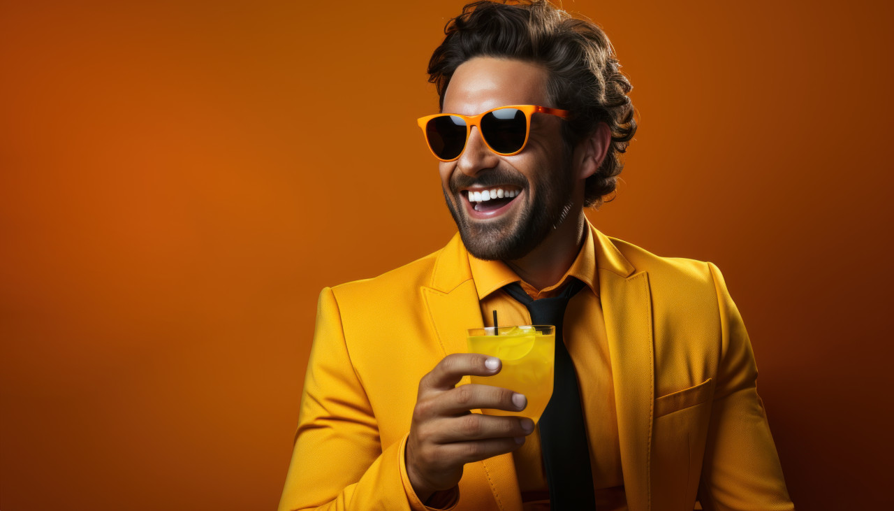 Man multitasking with phone and cocktail, relaxing summer scene