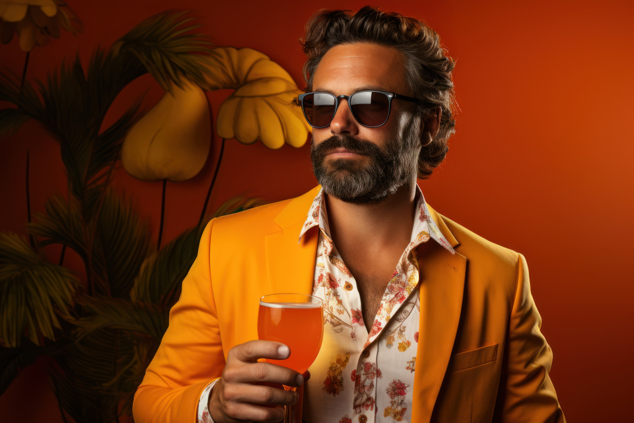 Man in glasses holding a glass of refreshing tropical drink, best summer image