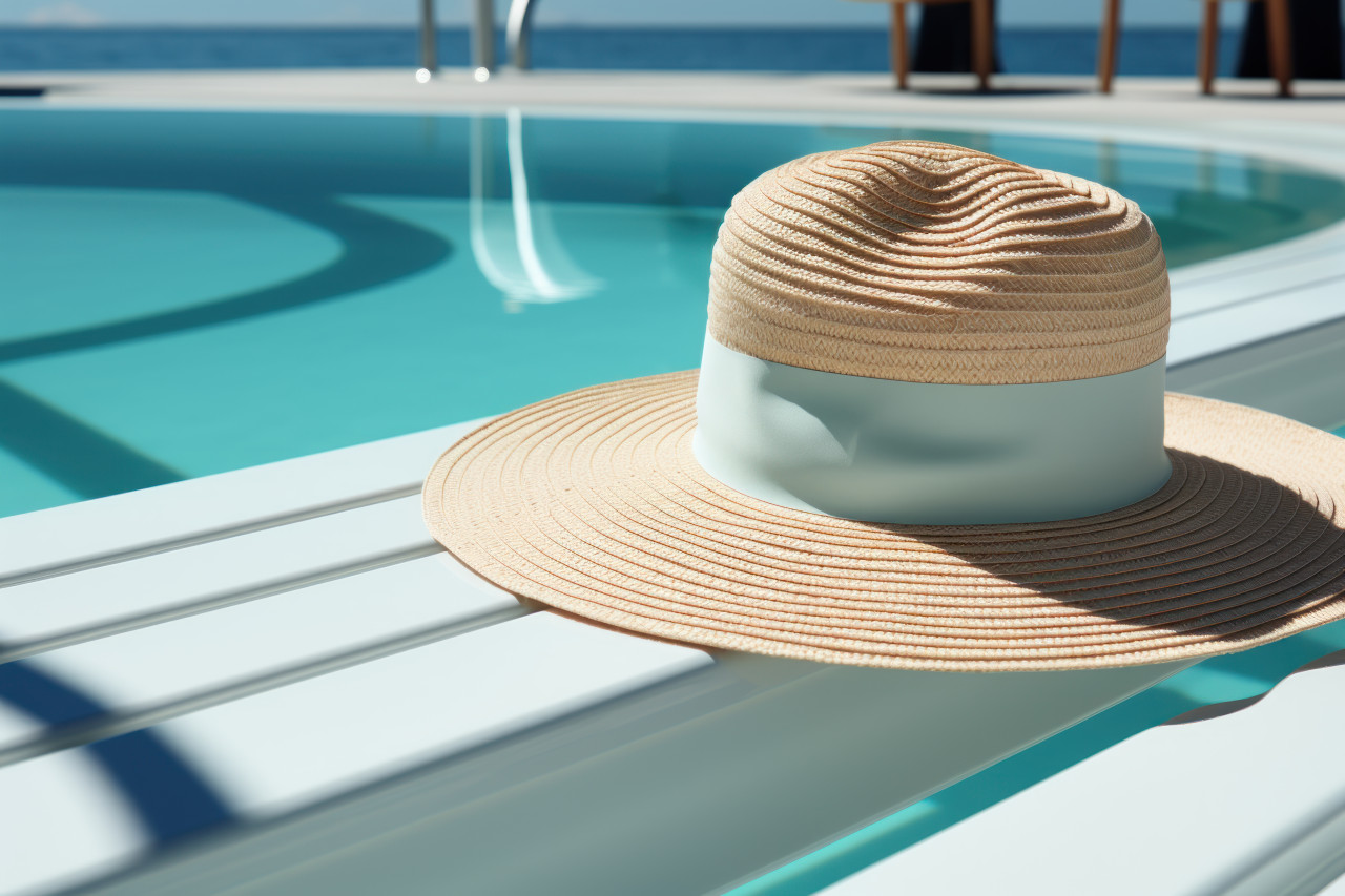 Poolside relaxation with hat and sunblock on a wooden deck, summer season nature image