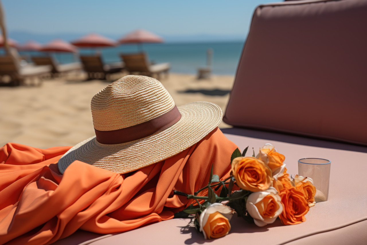 Hat towel and a relaxing beverage complete your beach experience, best summer image