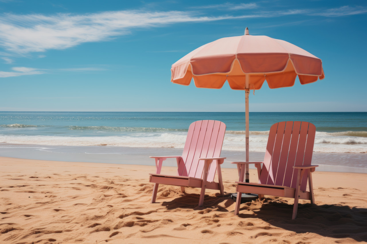 Two chairs and an umbrella on a quiet and deserted beach, relaxing summer scene