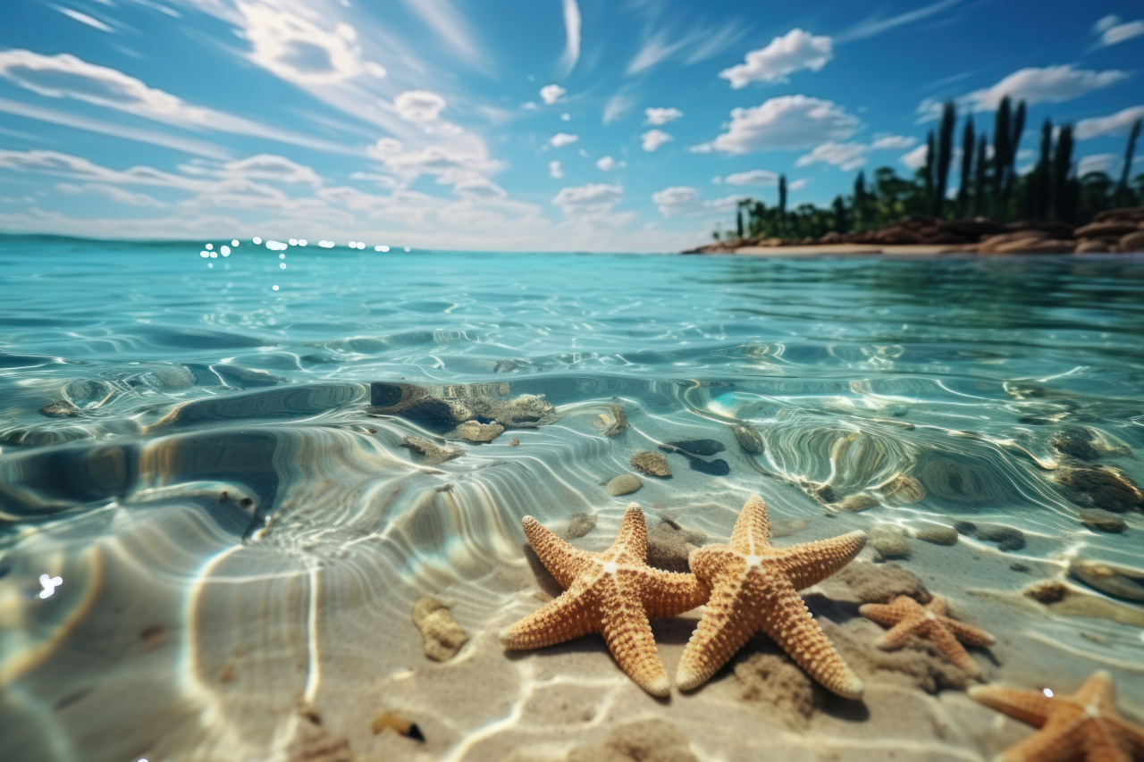 Starfish relaxing on sandy beach with a scenic ocean horizon, relaxing summer scene
