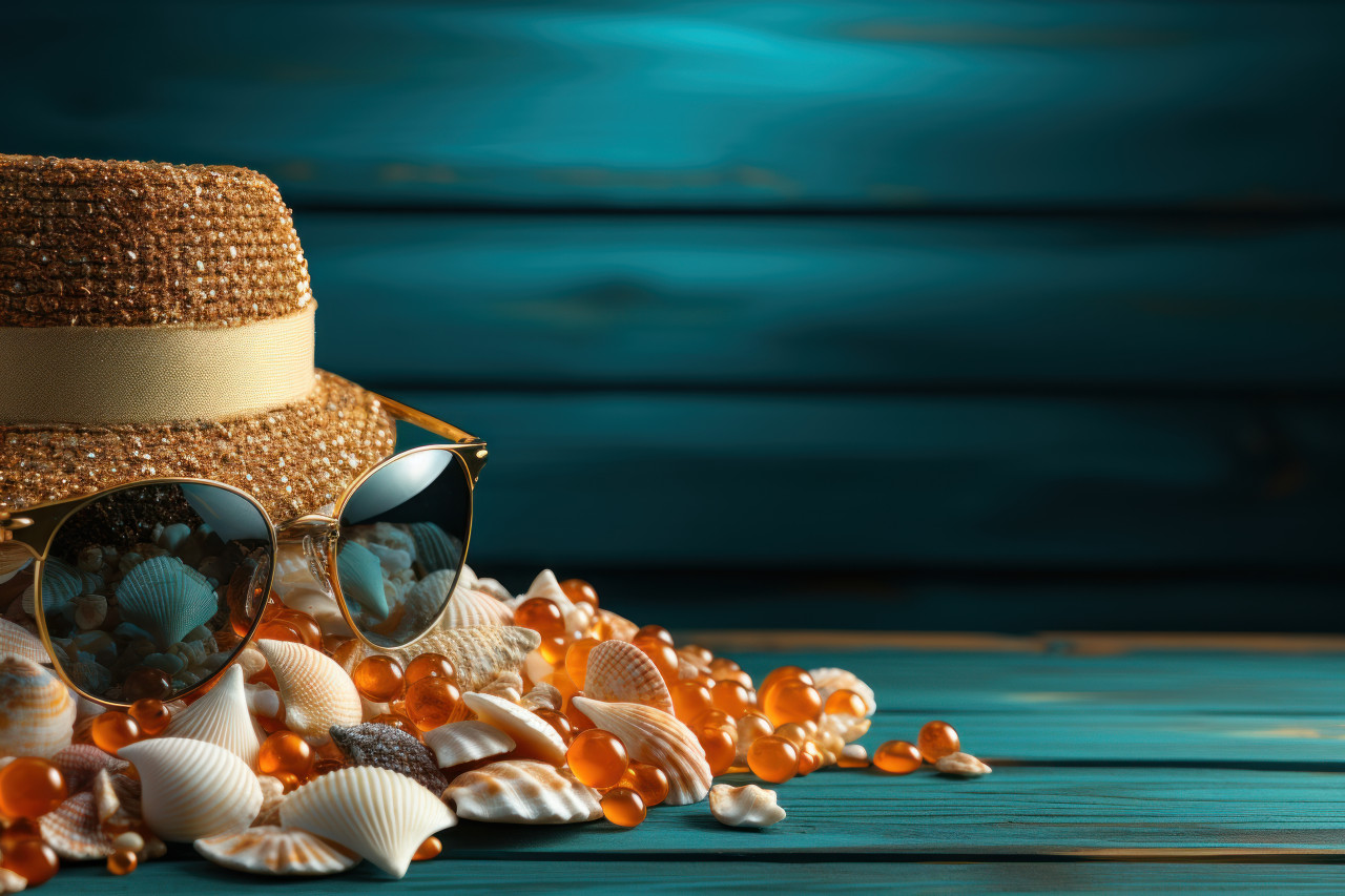 Summer accessories and shells adorn a blue wooden surface, summer landscape image
