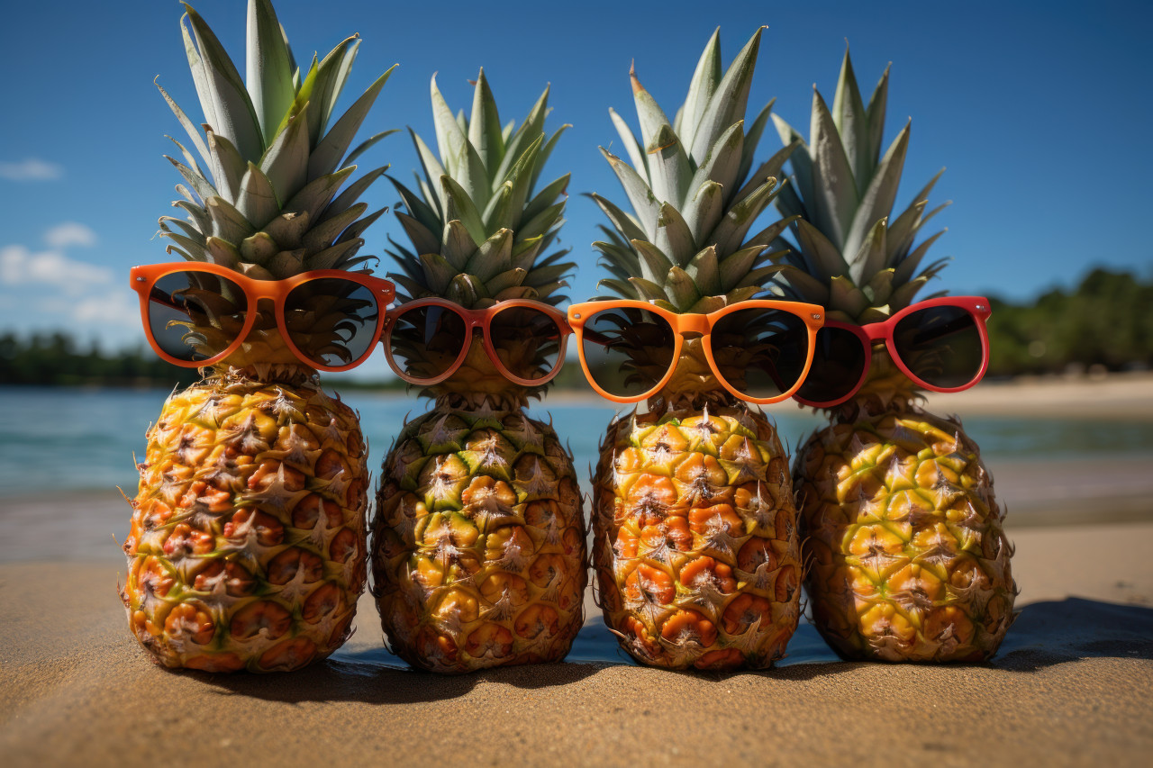 Four pineapples soaking up the sun in stylish sunglasses, beautiful summer photo