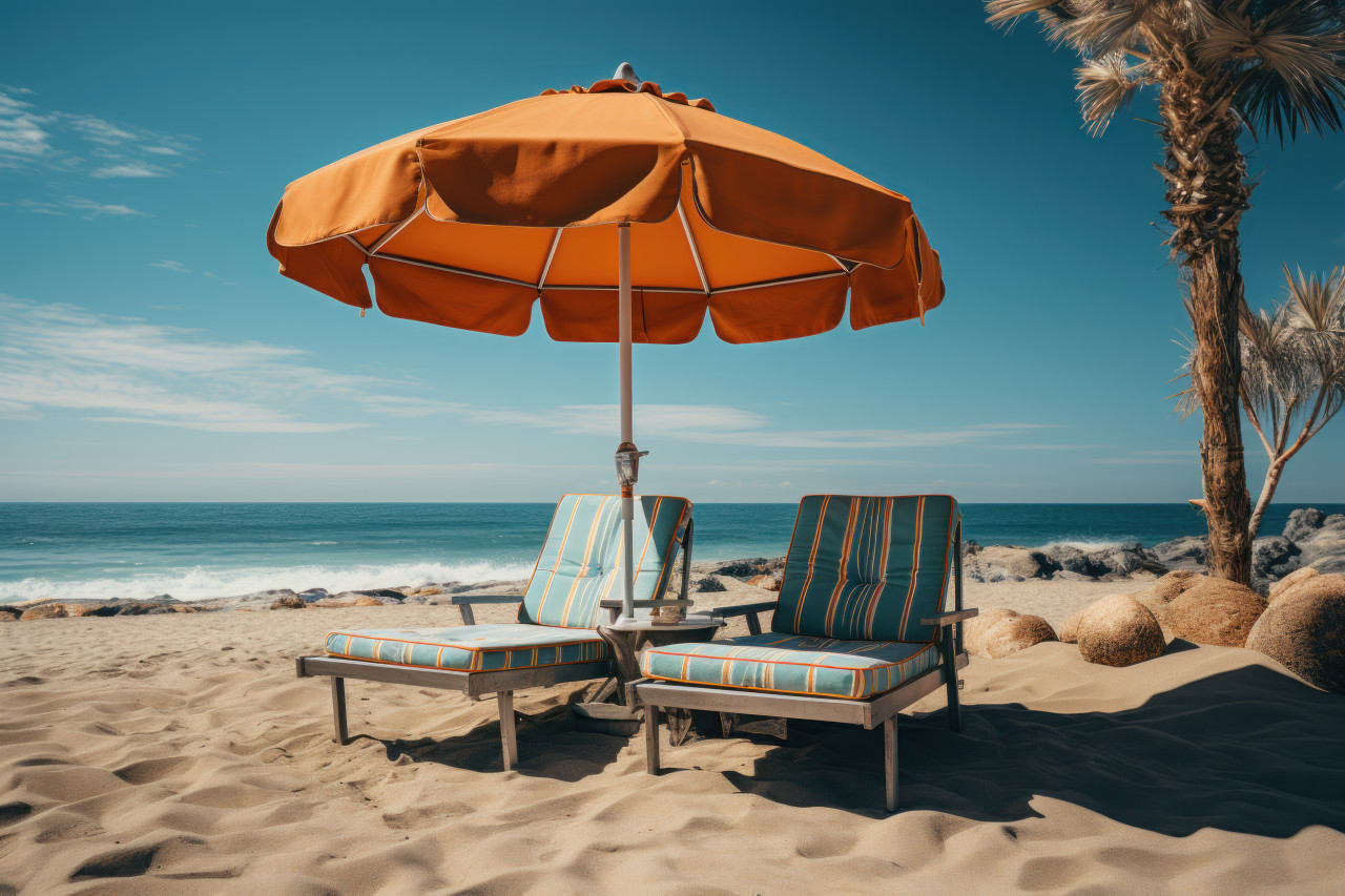 Beachside lounge chairs under a canopy of palm and umbrella, beautiful summer photo