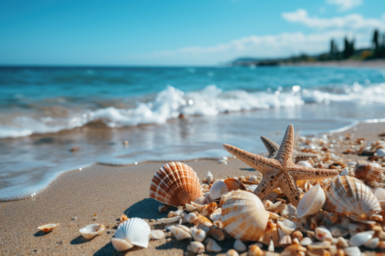 Graceful seashell and starfish adorning a white sandy beach, summer landscape image