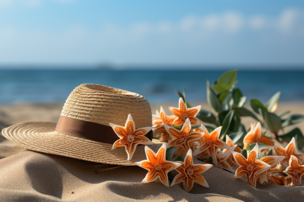 Fashionable display with hat flip flops starfish and starfruit, beautiful summer photo