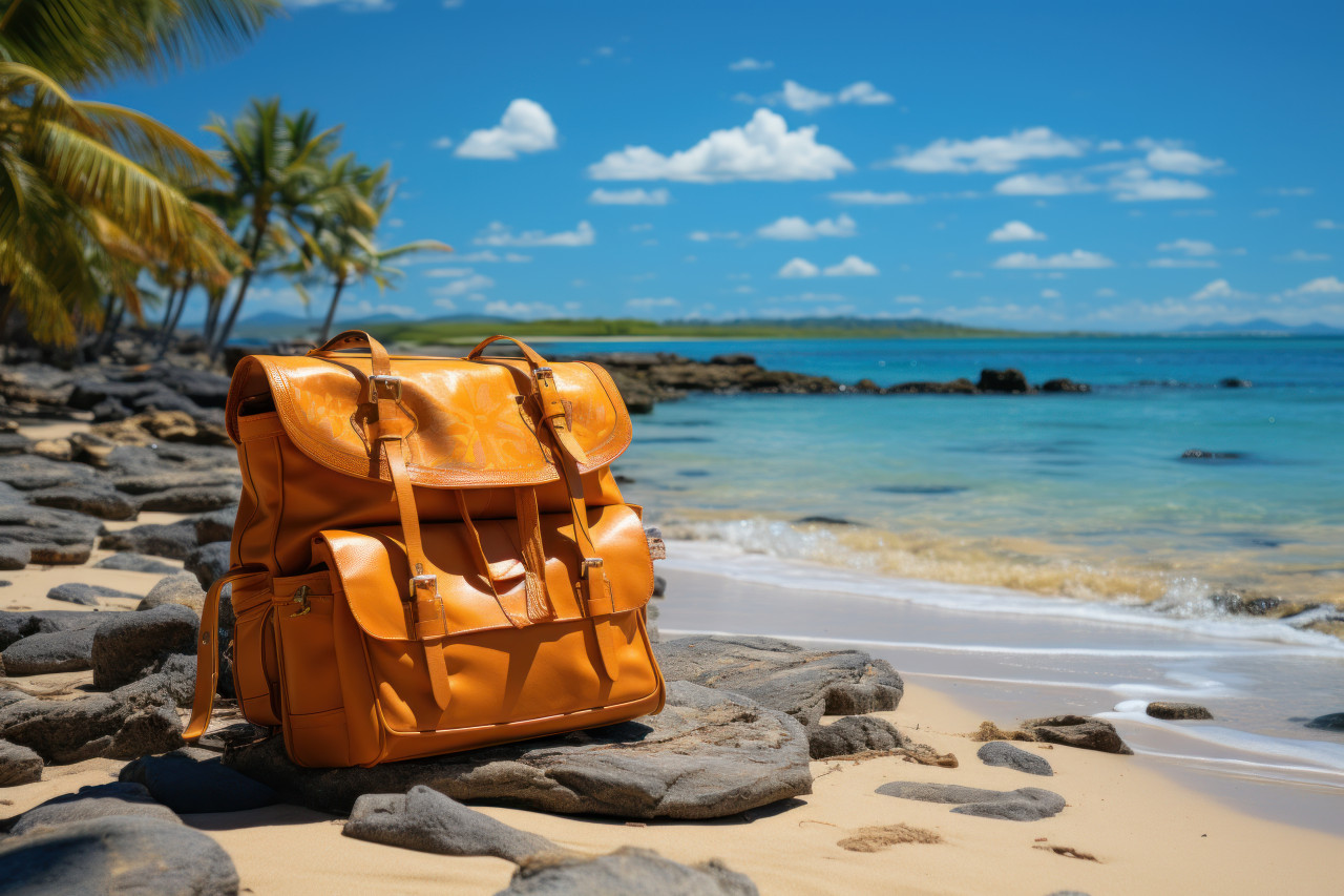 Sandals stylish beach bag and the radiance of the sun, summer landscape image