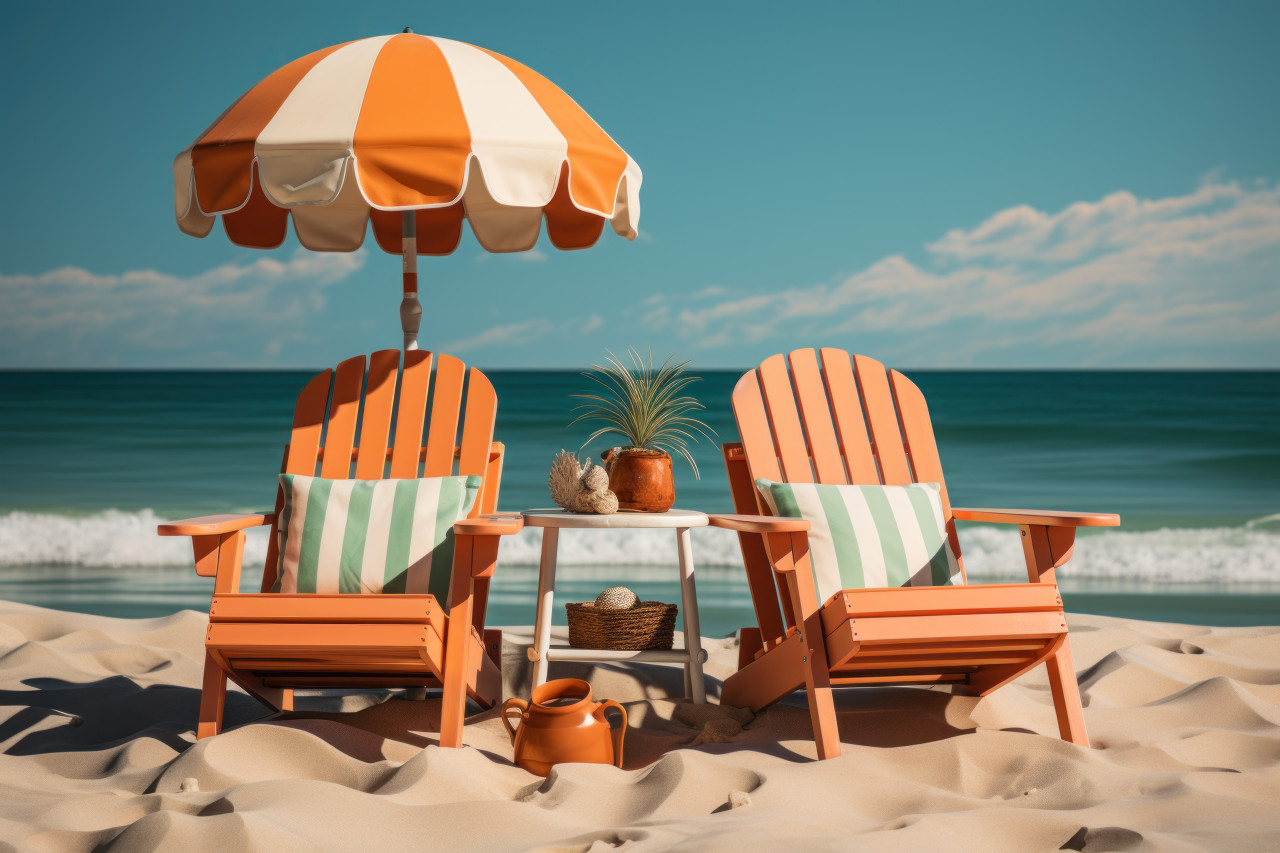 Lounge chairs flip flops umbrella and playful tropical beach ball, summer season nature image