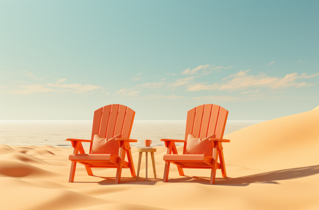 Relaxing chairs sand buckets and a chilled soda can, summer season nature image
