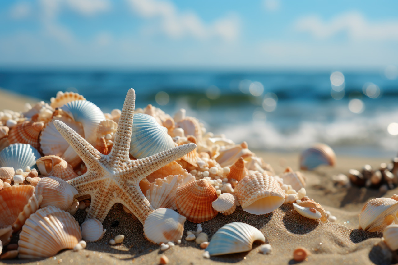 Starfish and seashells decorating the beach, summer landscape image