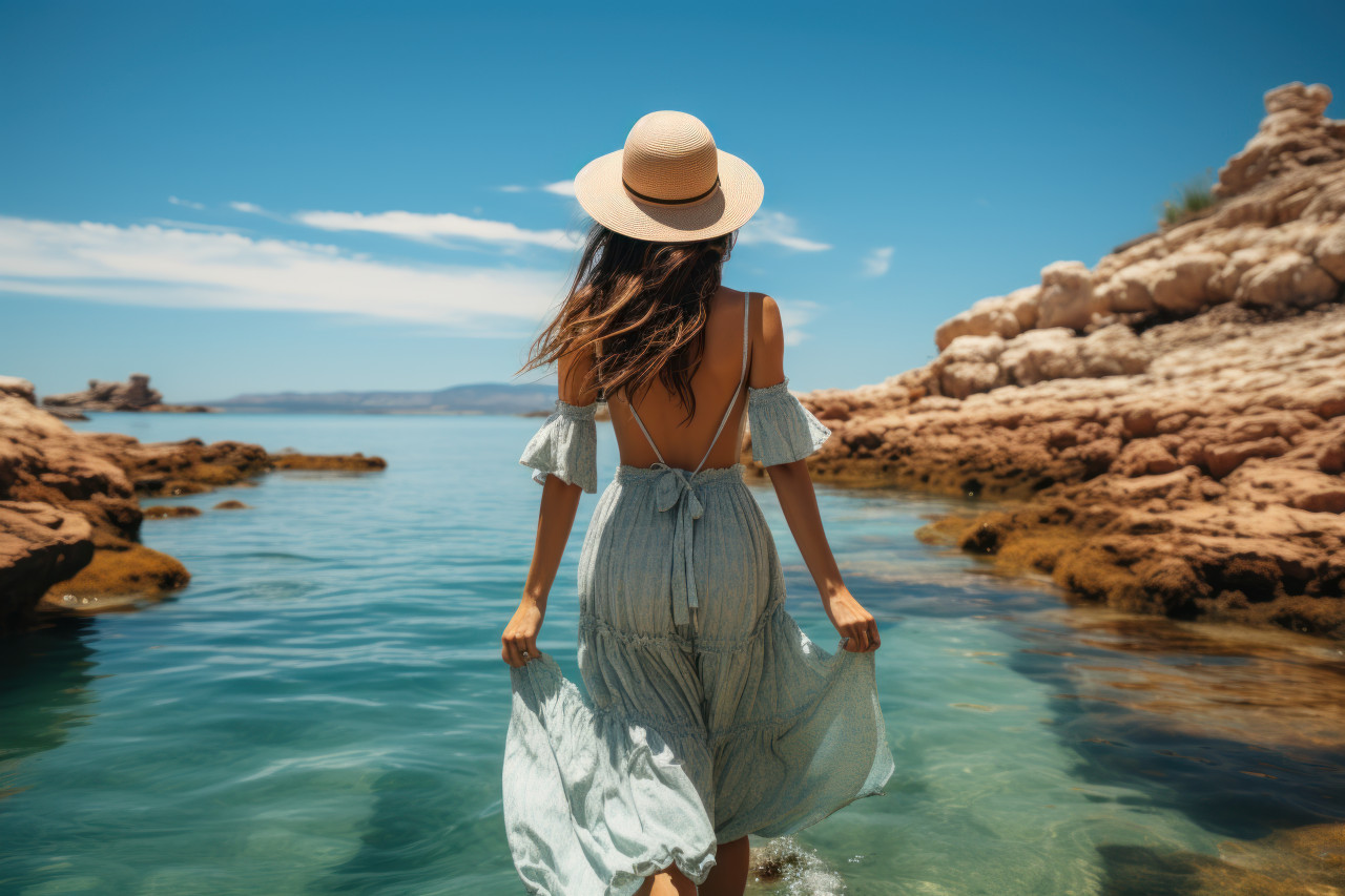 Elegant woman wearing white dress and sun hat by the ocean, beautiful summer photo