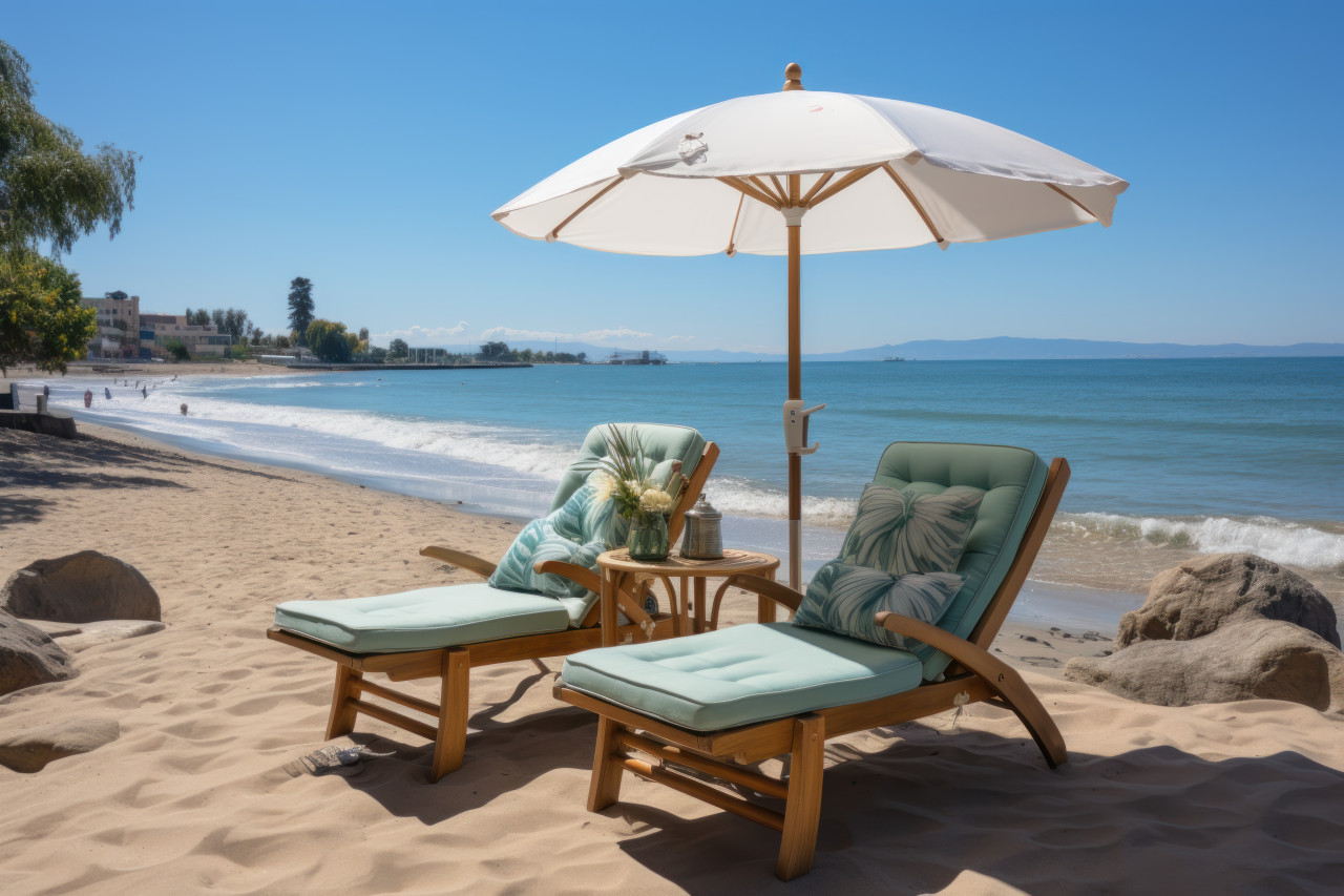 Umbrella and chairs offering coastal relaxation, summer season nature image