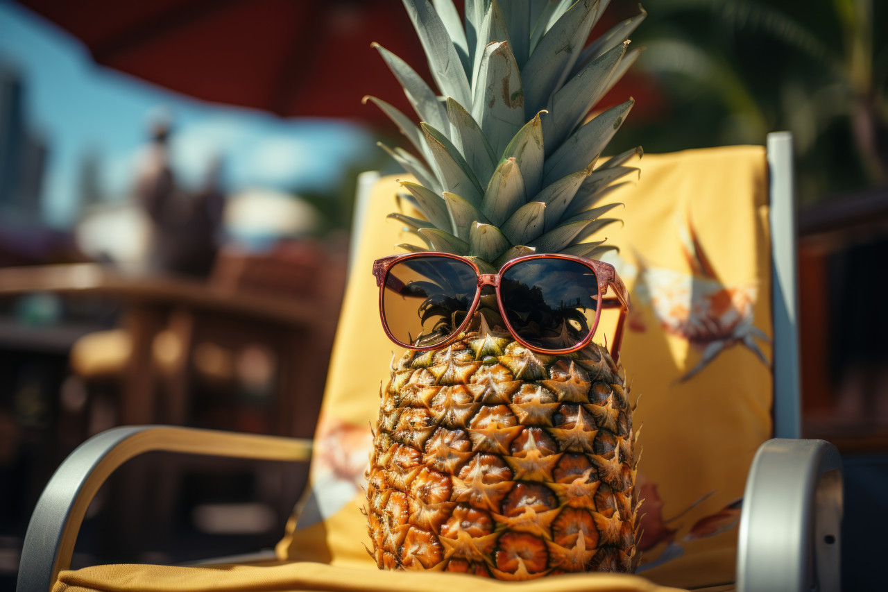 Pineapple chilling on a beach chair with trendy shades, summer landscape image