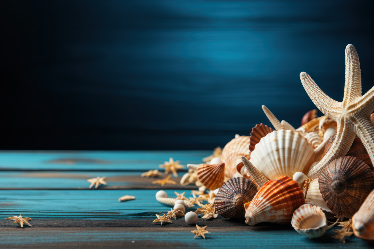 Seashell starfish and rope on rustic blue surface, summer season nature image