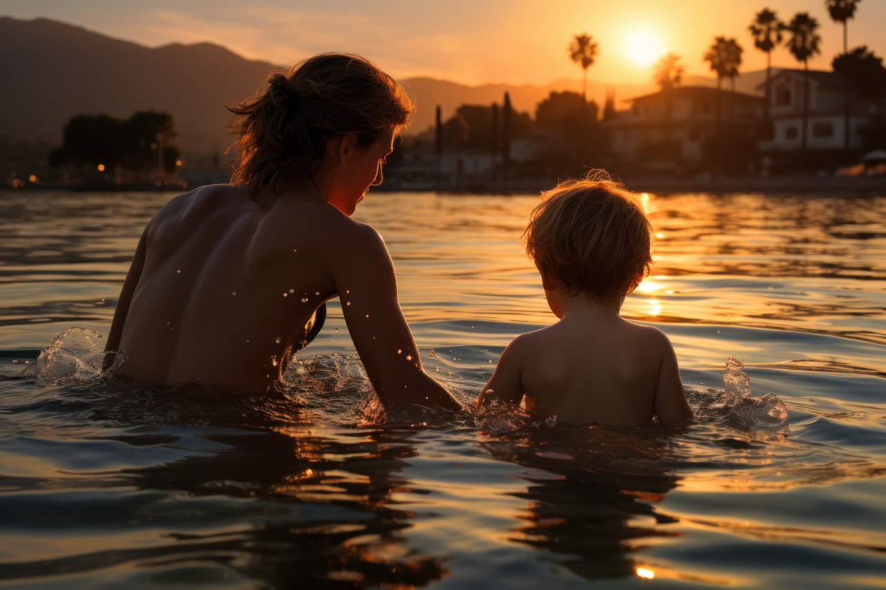 Mother and son enjoying playful moments at sunset, best summer image