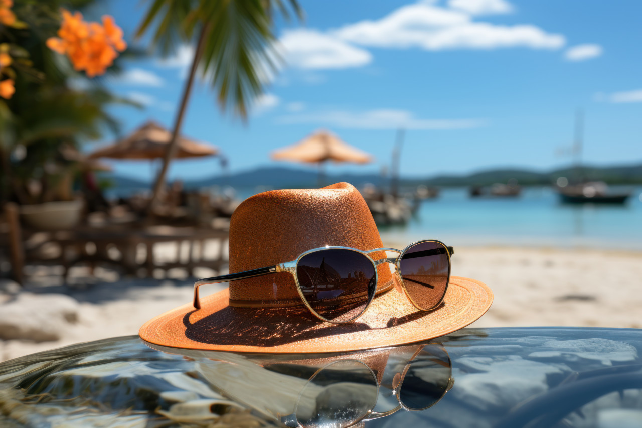Sunglasses and hat resting at the beach edge, relaxing summer scene