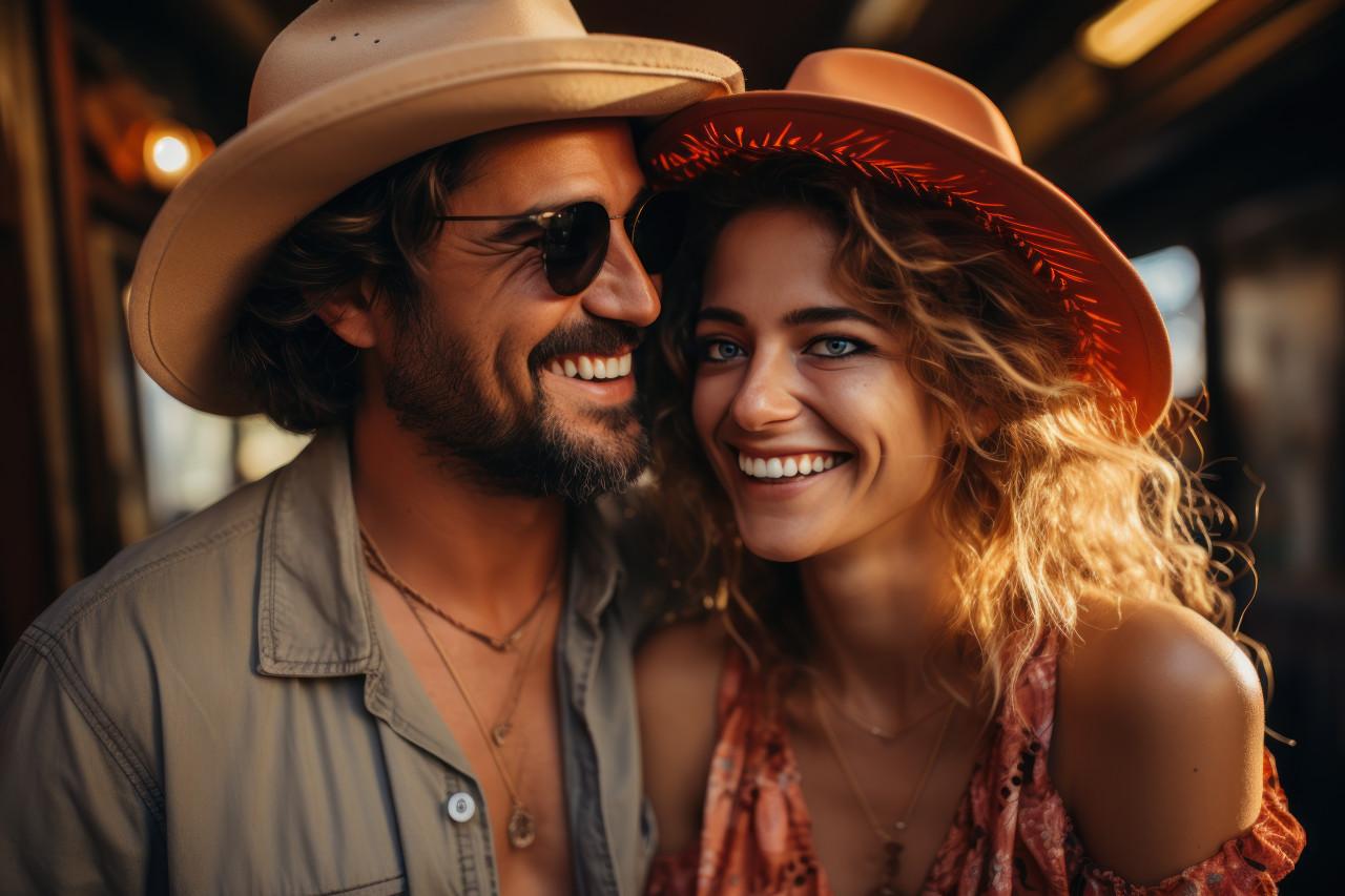 Happy couple having fun and embracing during sunset, beautiful summer photo