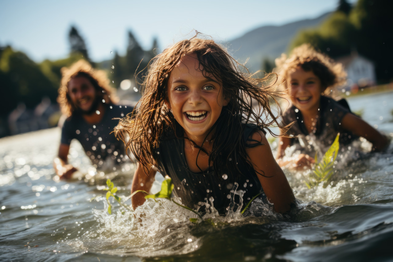 Playful friends having a great time in the lake waters, summer season nature image