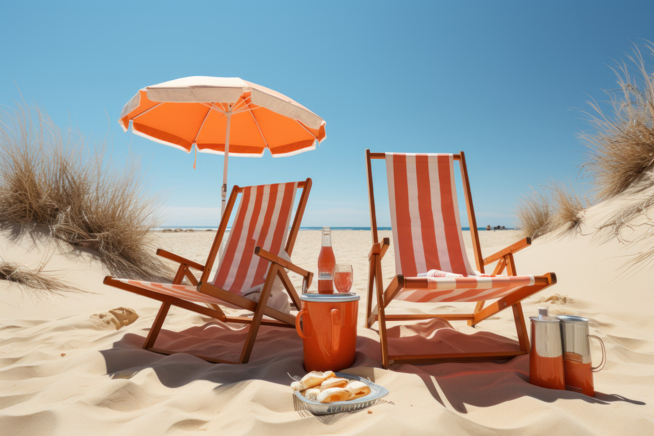 Beach chairs buckets and a soda can, beautiful summer photo