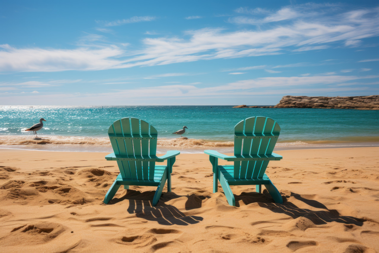 Sunlit relaxation on two sandy lounge chairs, summer season nature image