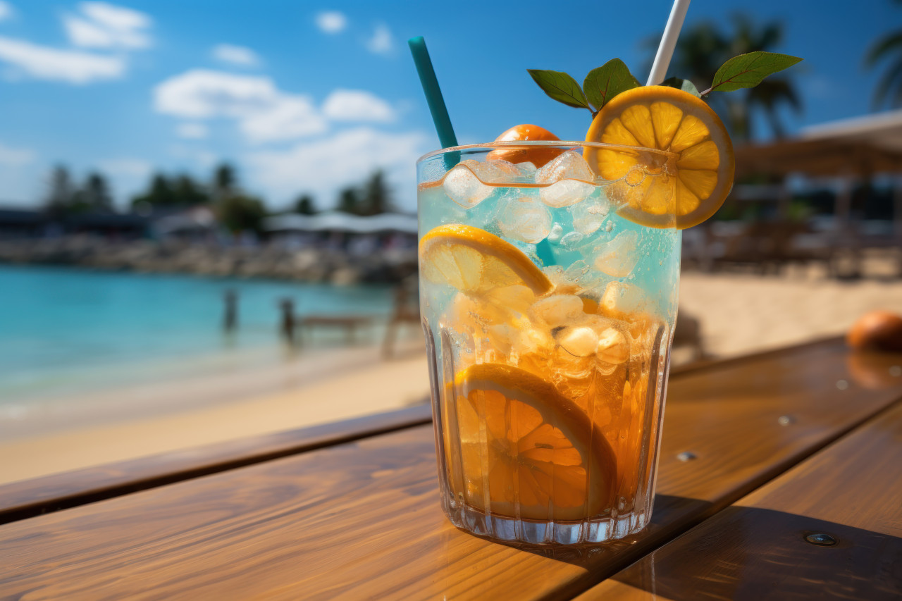 Orange drink bobbing along the ocean edge floating on the sandy shore, relaxing summer scene