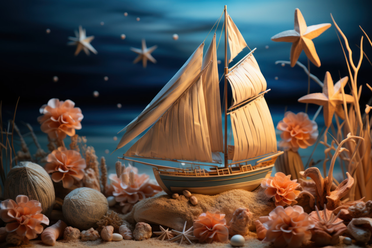 Wooden display with a graceful sailboat, summer landscape image