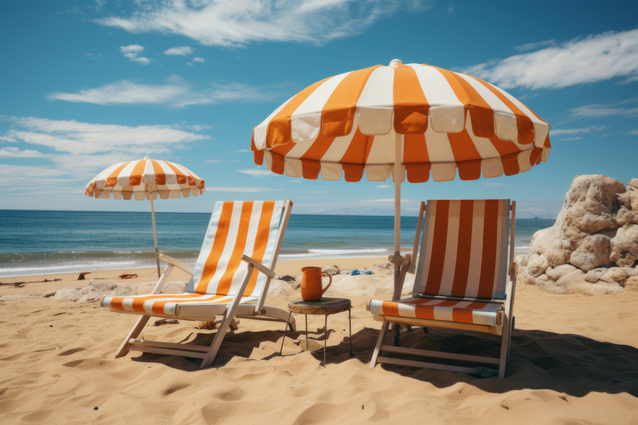 Lounge chairs and umbrella inviting beachside serenity, beautiful summer photo
