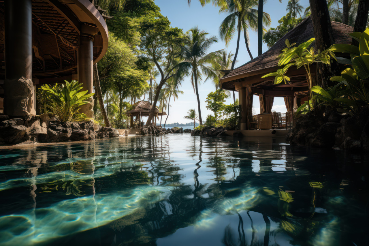 Relaxing oasis with inviting swimming waters, summer season nature image