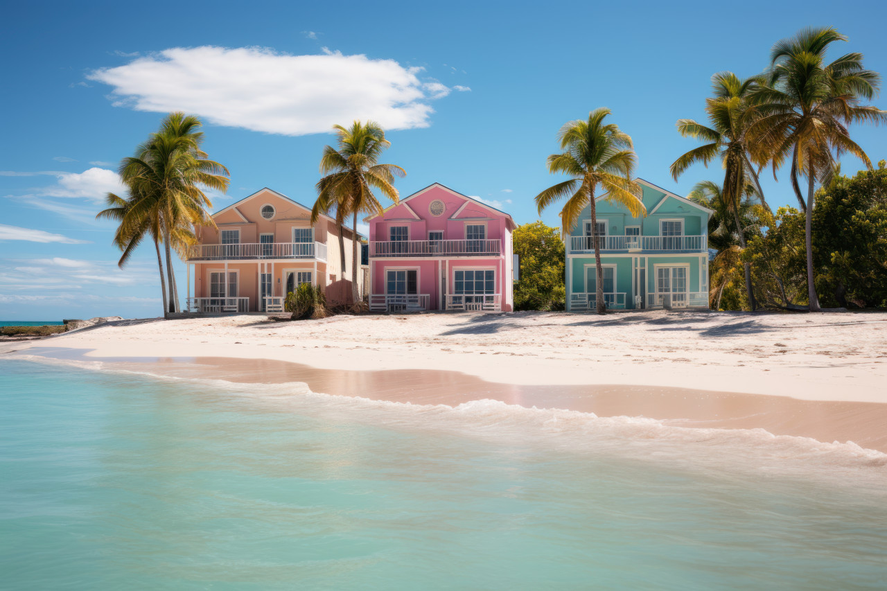 Relaxing beach scene with palm trees and a charming beach house, summer season nature image