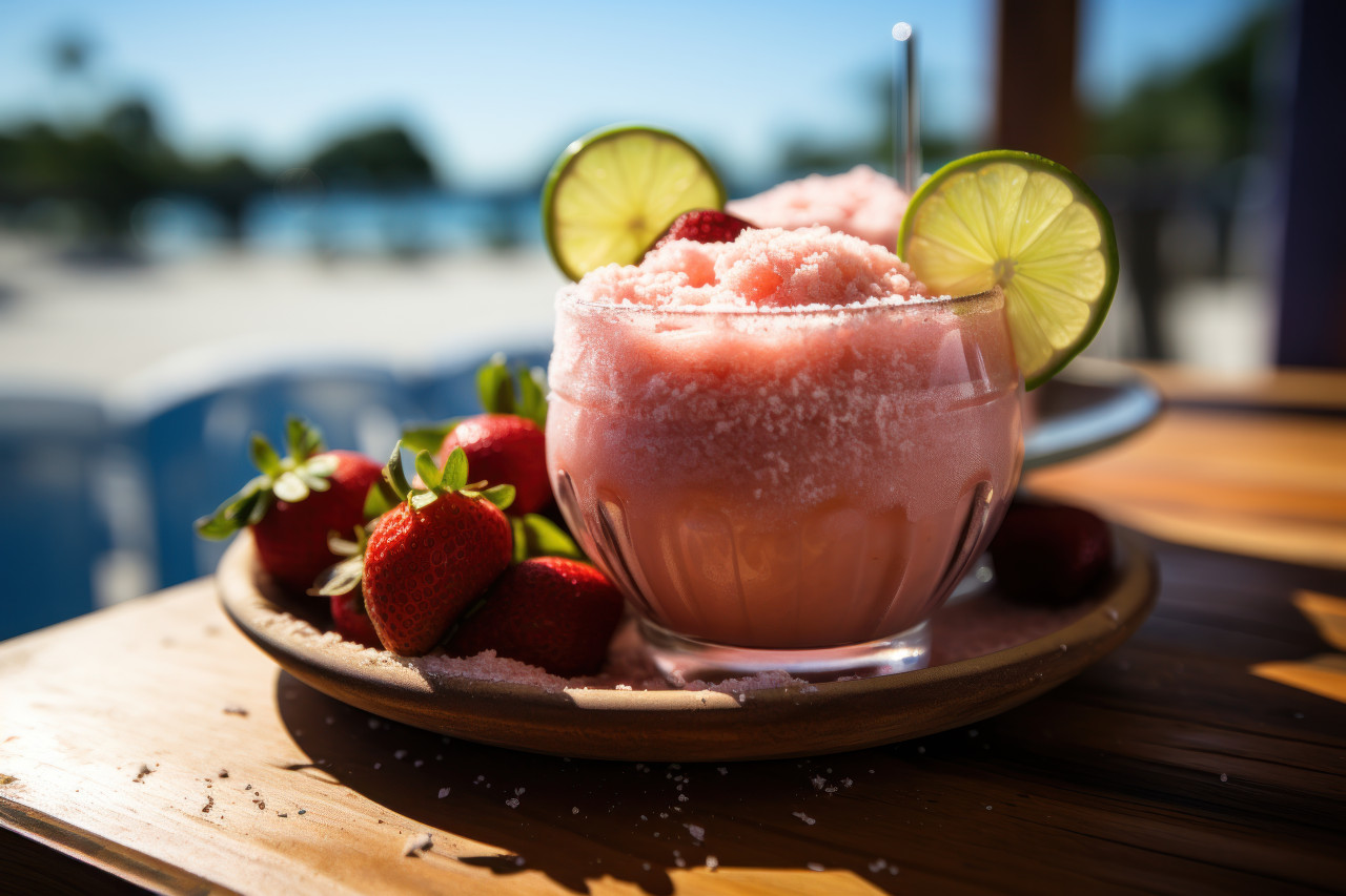 Strawberry infusion on a stylish blue surface, relaxing summer scene