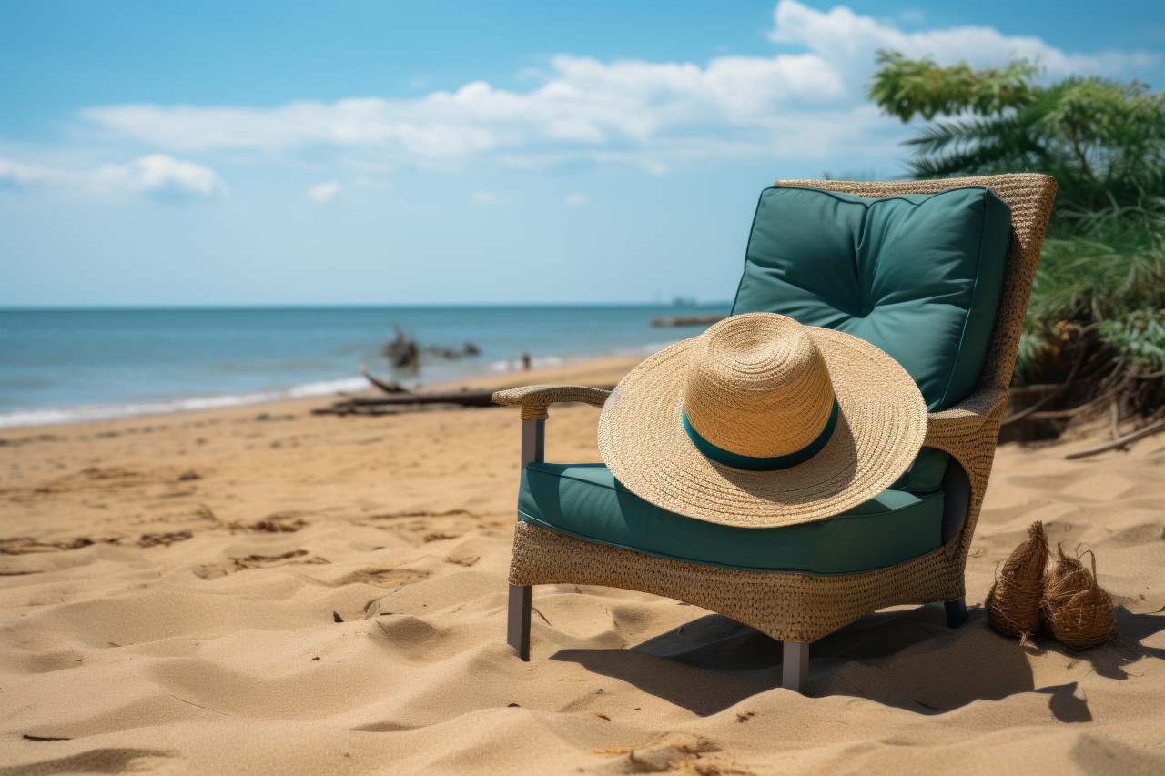 Sandy beach with a lounge chair and stylish hat, relaxing summer scene