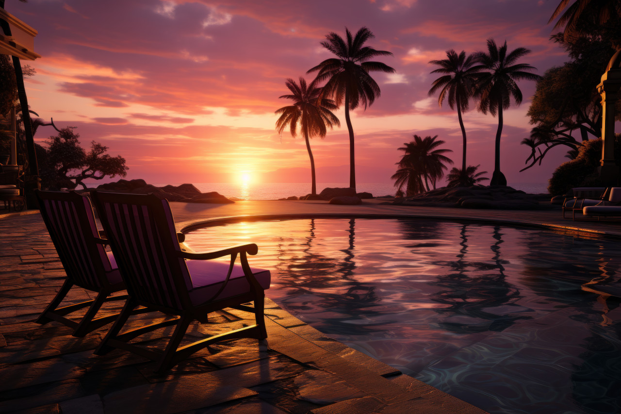 Sunset views from a resort poolside haven, beautiful summer photo