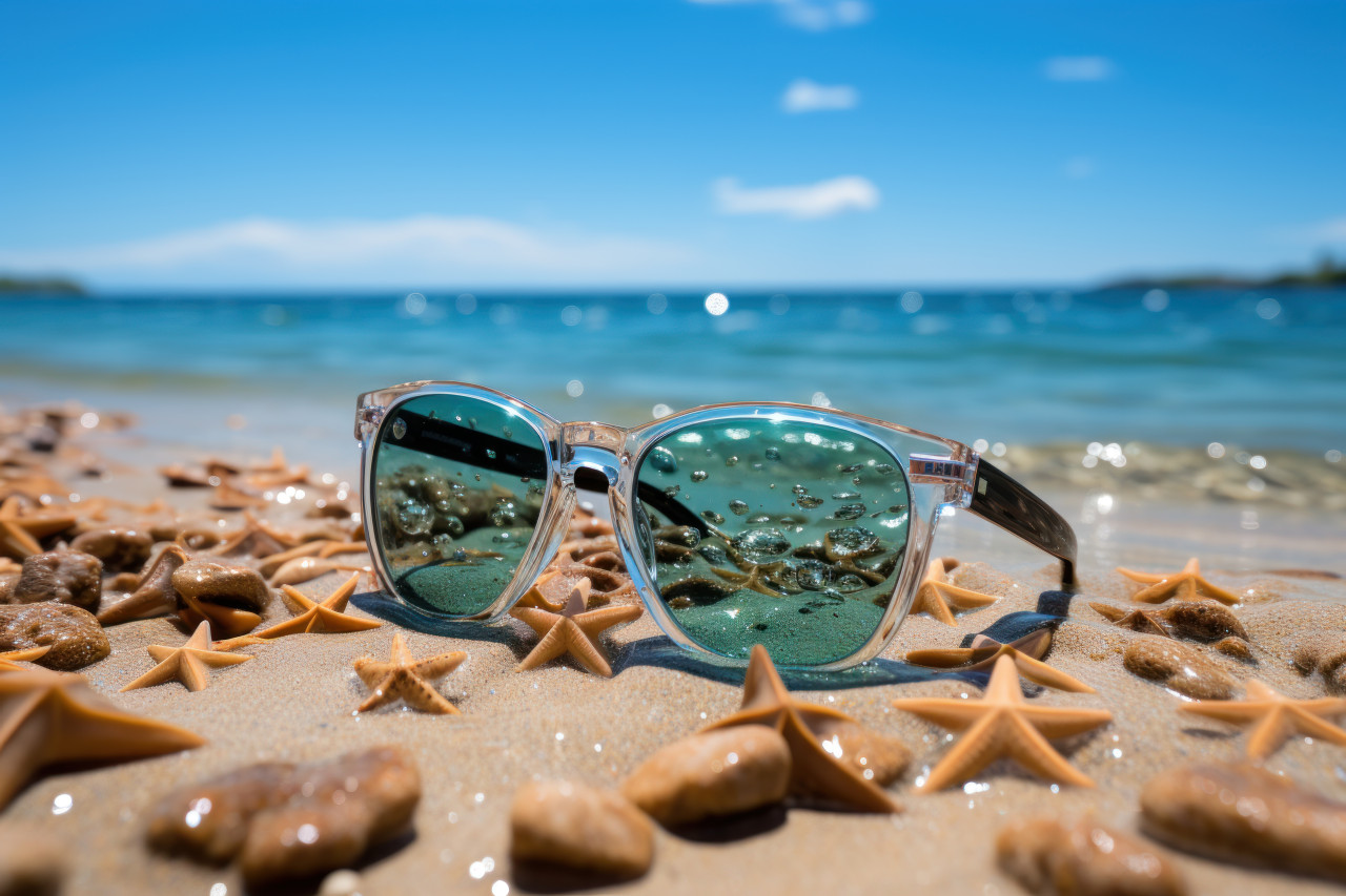 Sunglasses lounge with starfish in the background, summer season nature image