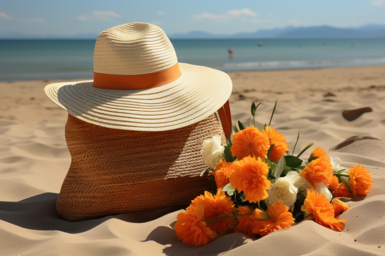 Straw bag brimming with beach day delights, best summer image