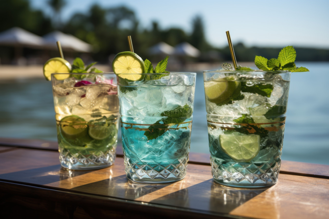 Cocktail table with cool blue and green water rings, summer season nature image