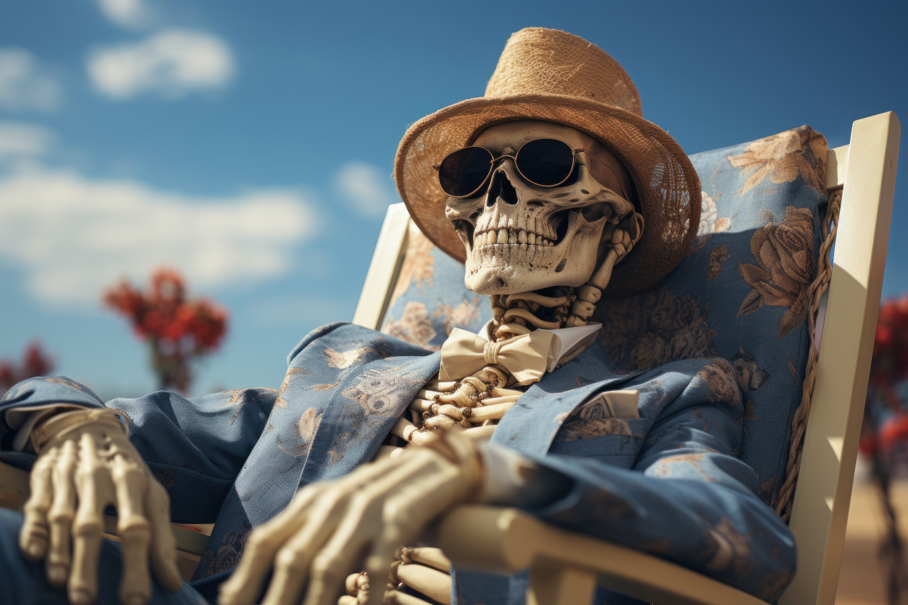 Skeleton lounging by the seaside, summer season nature image