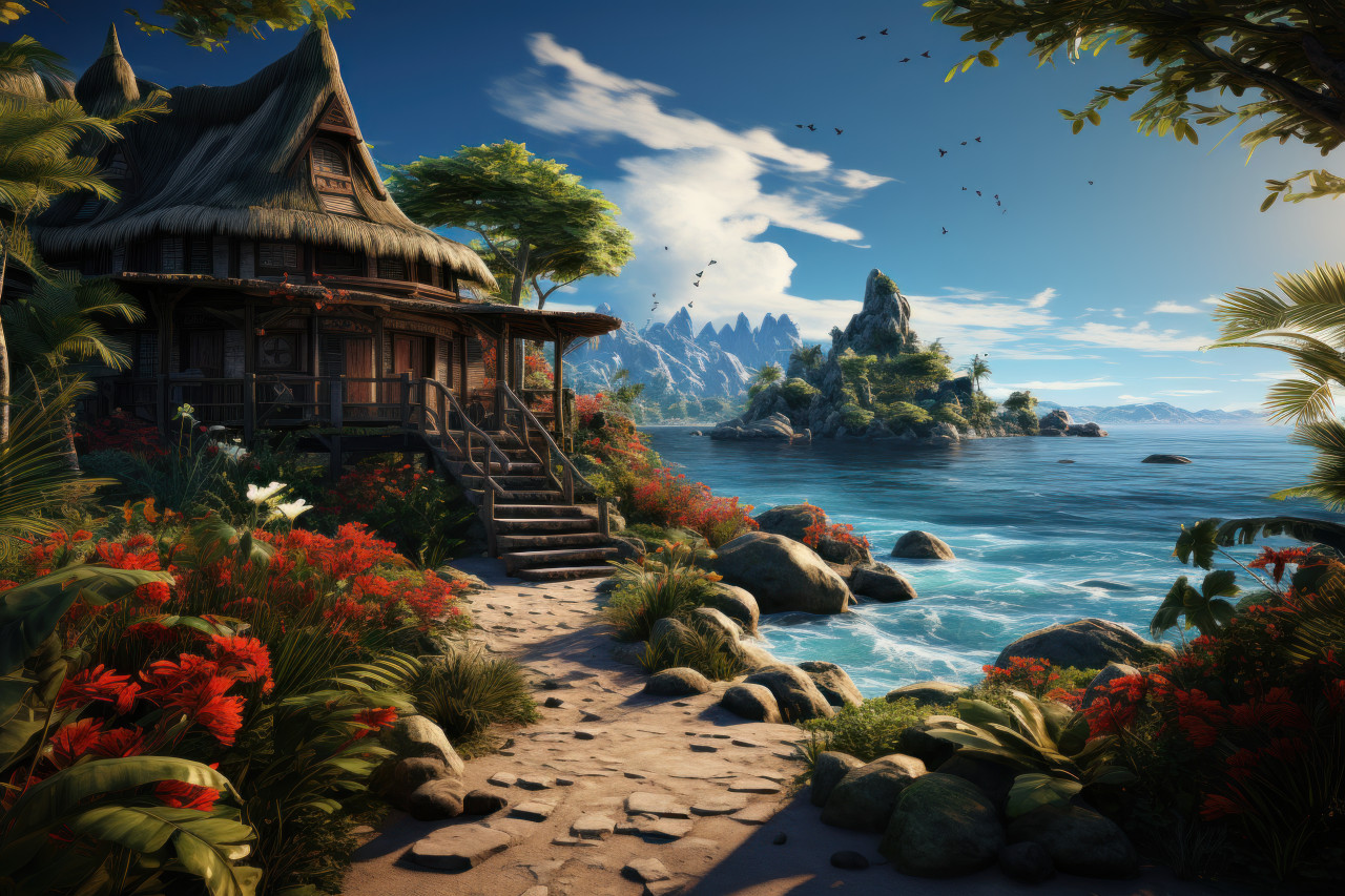 Idyllic wooden cottage in the heart of a tropical island, beautiful summer photo