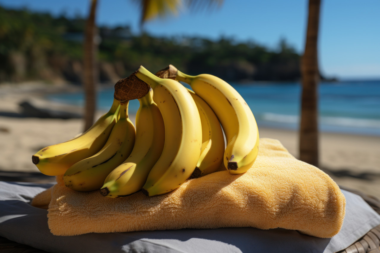 Sunny shoreline retreat with tropical fruits, best summer image
