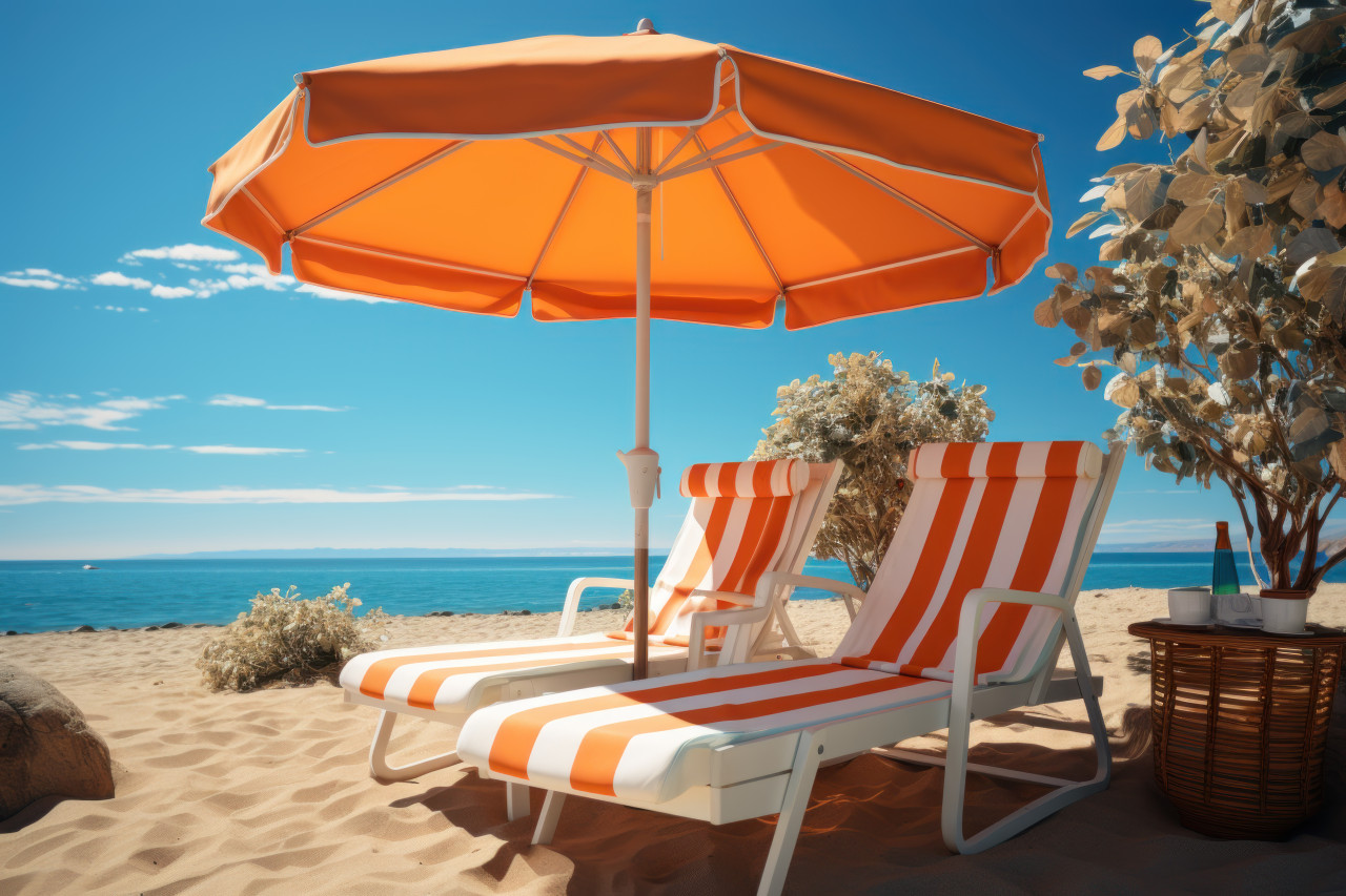 White beach chair and umbrella creating a coastal haven, best summer image