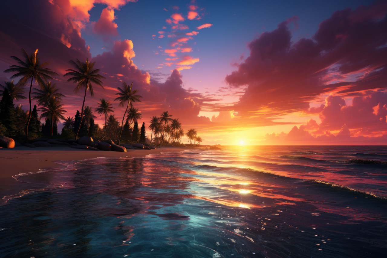 Palm trees adorning a tropical sunset on the sea, summer season nature image